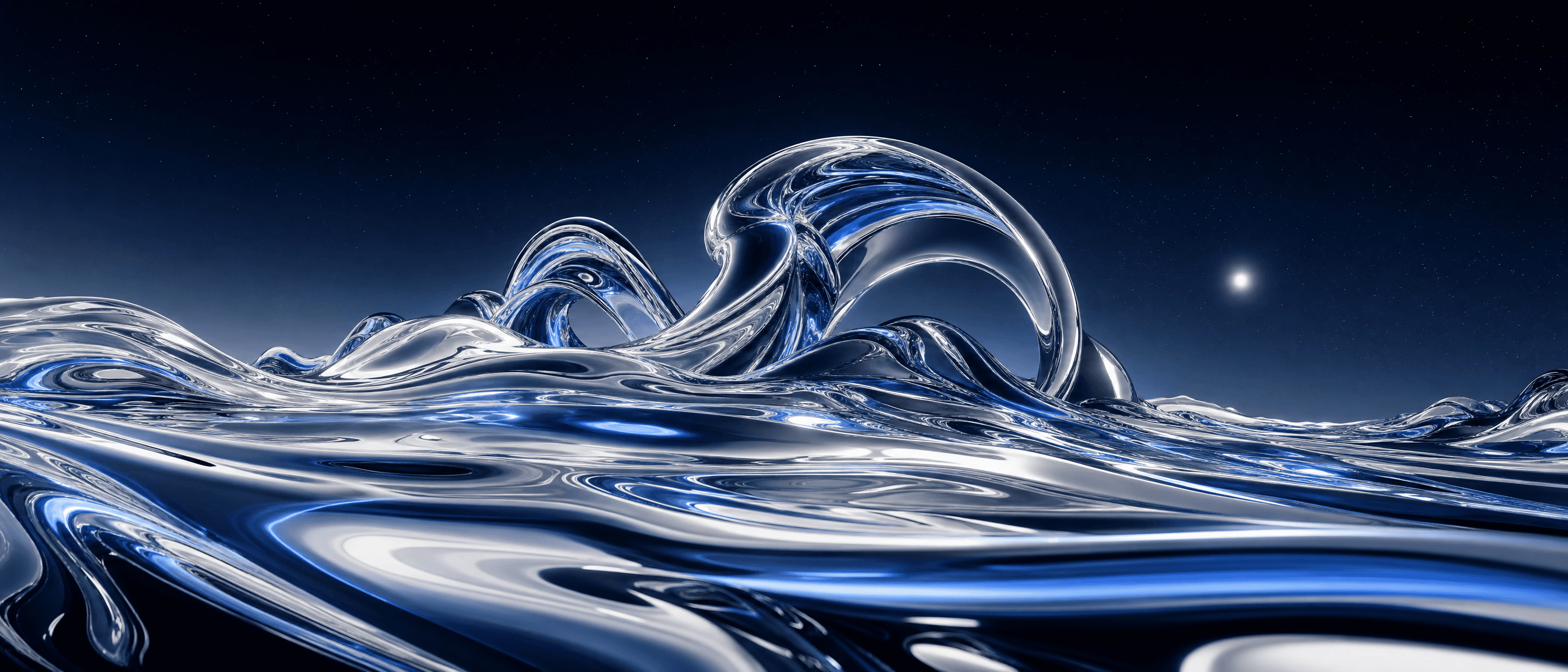 A surreal landscape of flowing silver chrome and cobalt waves